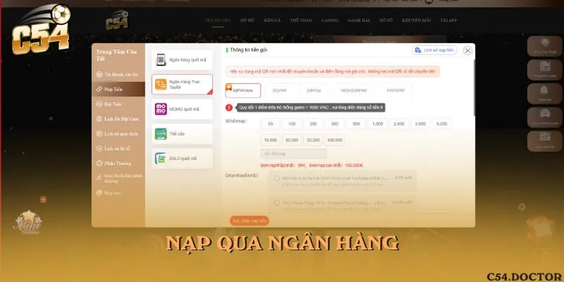 Nạp an toàn qua kênh giao dịch ngân hàng trực tuyến